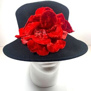 Lady Rachel Italy 100% Black Wool Hat Red Velvet Flower Vintage Cloche Derby